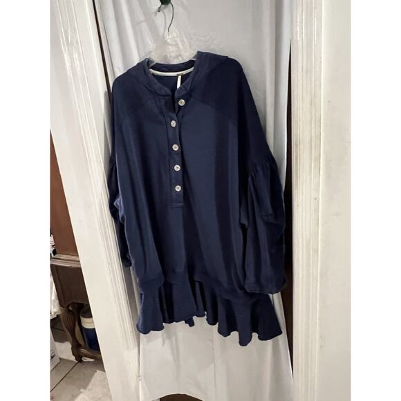 Free People Navy Blue Zander Mini Dress Oversized Layered French Terry Sz L - Picture 2 of 9
